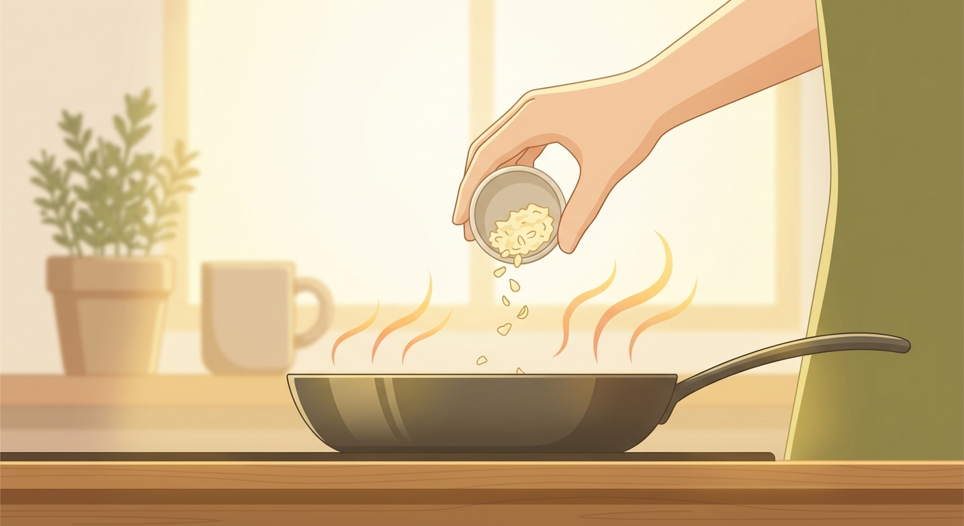 Garlic being added to a pan at the right moment