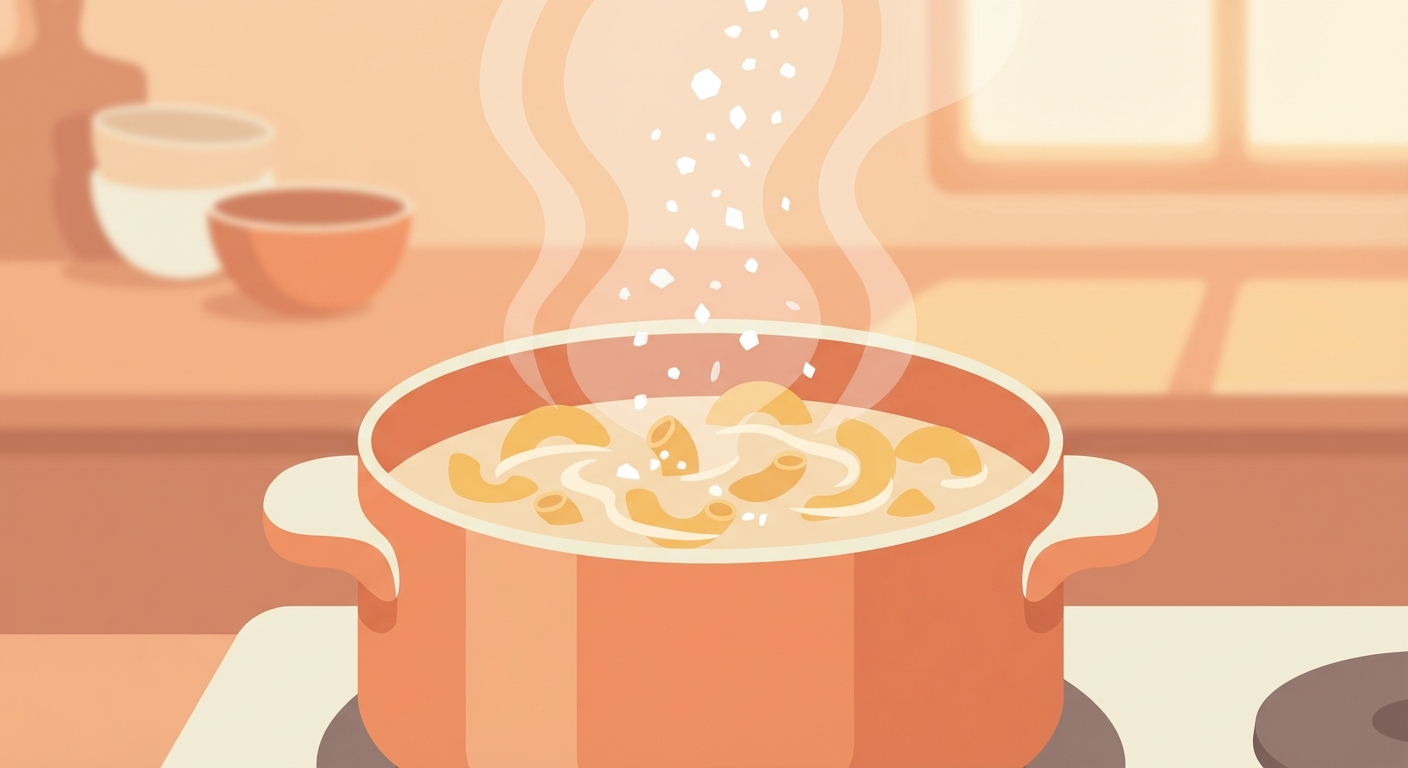 Illustration of pasta cooking in salted boiling water