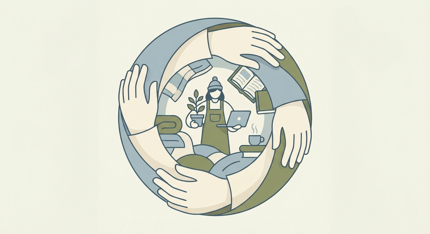 Illustration of a supportive community safety net for freelancers